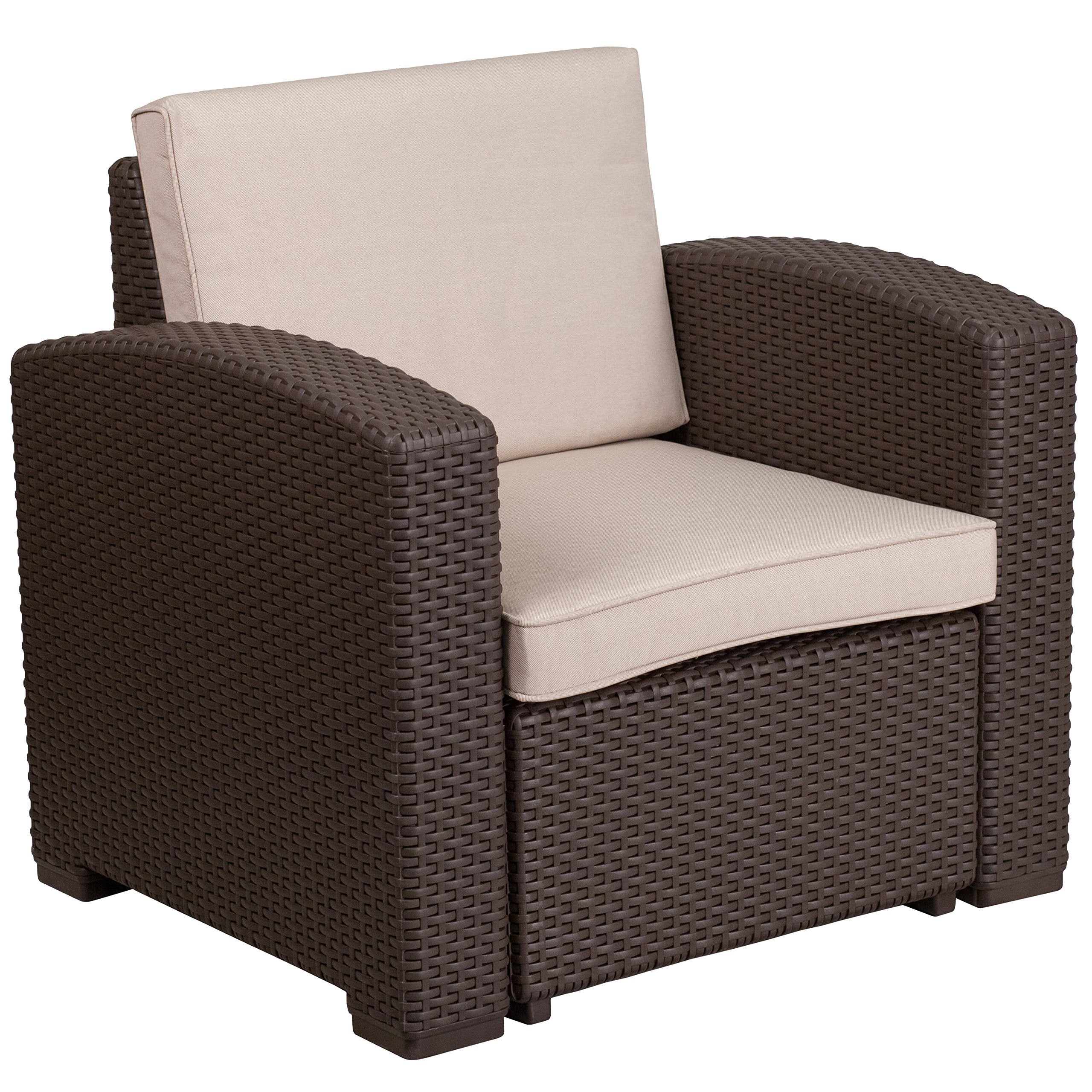 Flash Furniture front view showing brown faux rattan and beige cushions for stylish comfort
