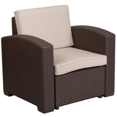 Flash Furniture front view showing brown faux rattan and beige cushions for stylish comfort