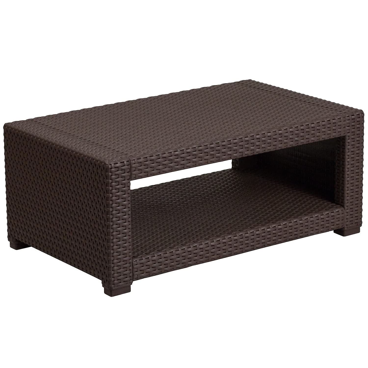 Flash Furniture front view brown faux rattan table shows durable outdoor surface