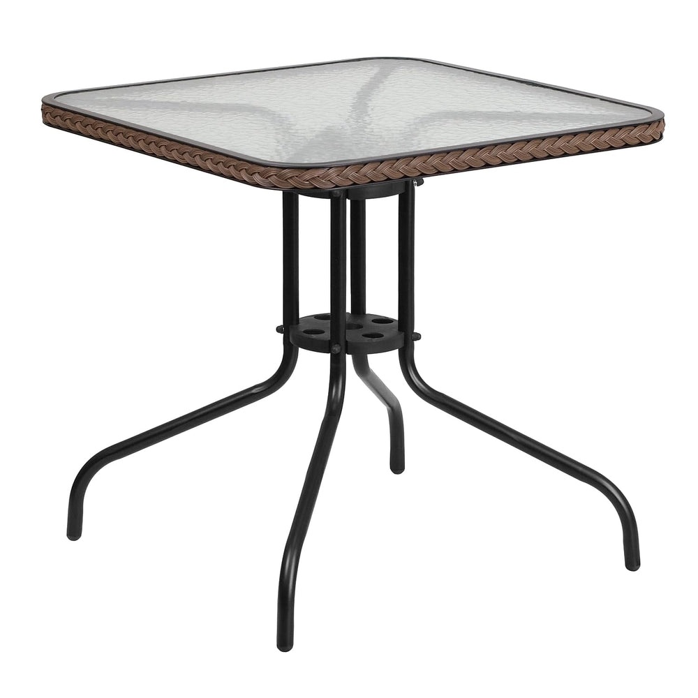 Flash Furniture front view of 28in tempered glass table showing compact footprint and style