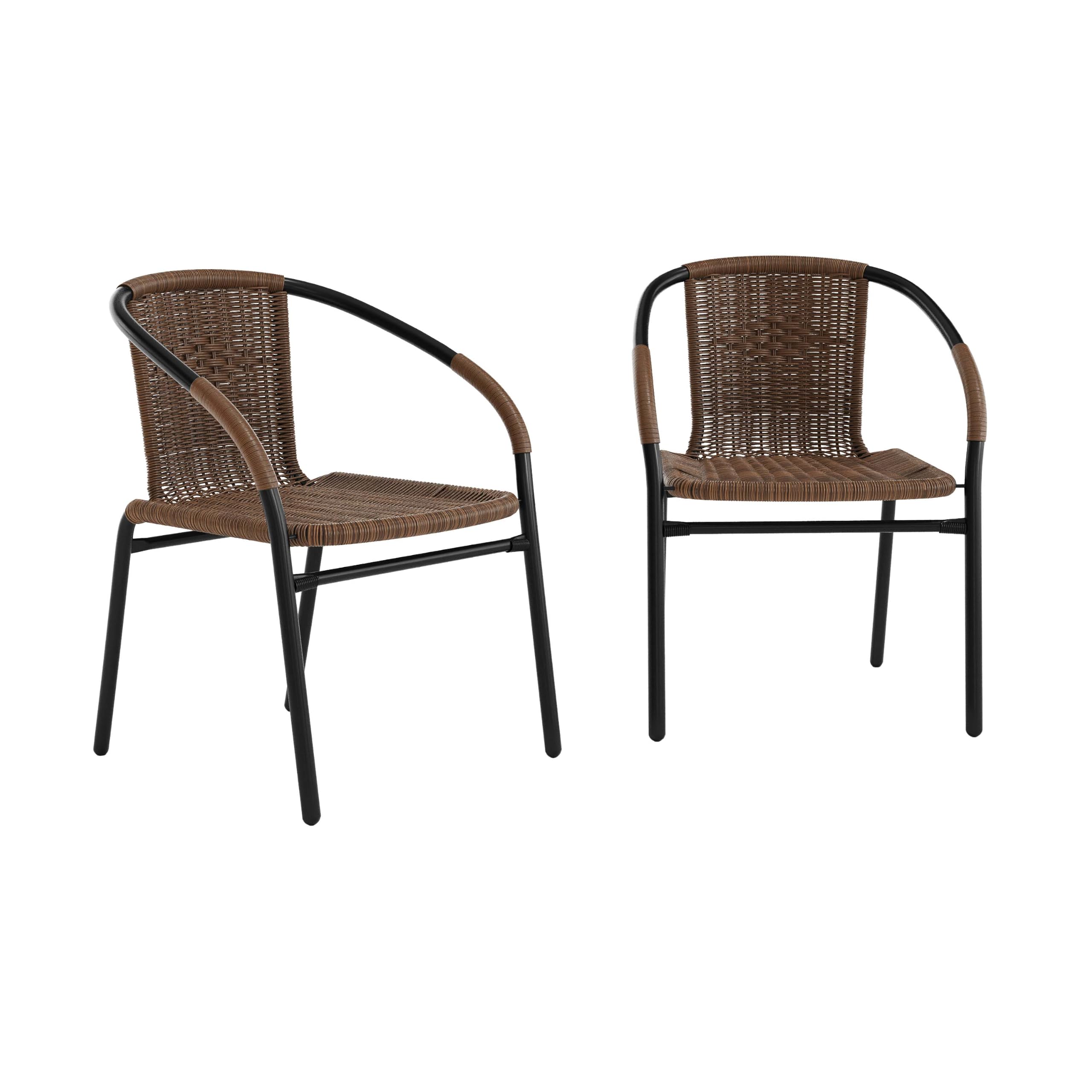 Flash Furniture front view of two brown Lila rattan chairs showing design and finish for versatile seating