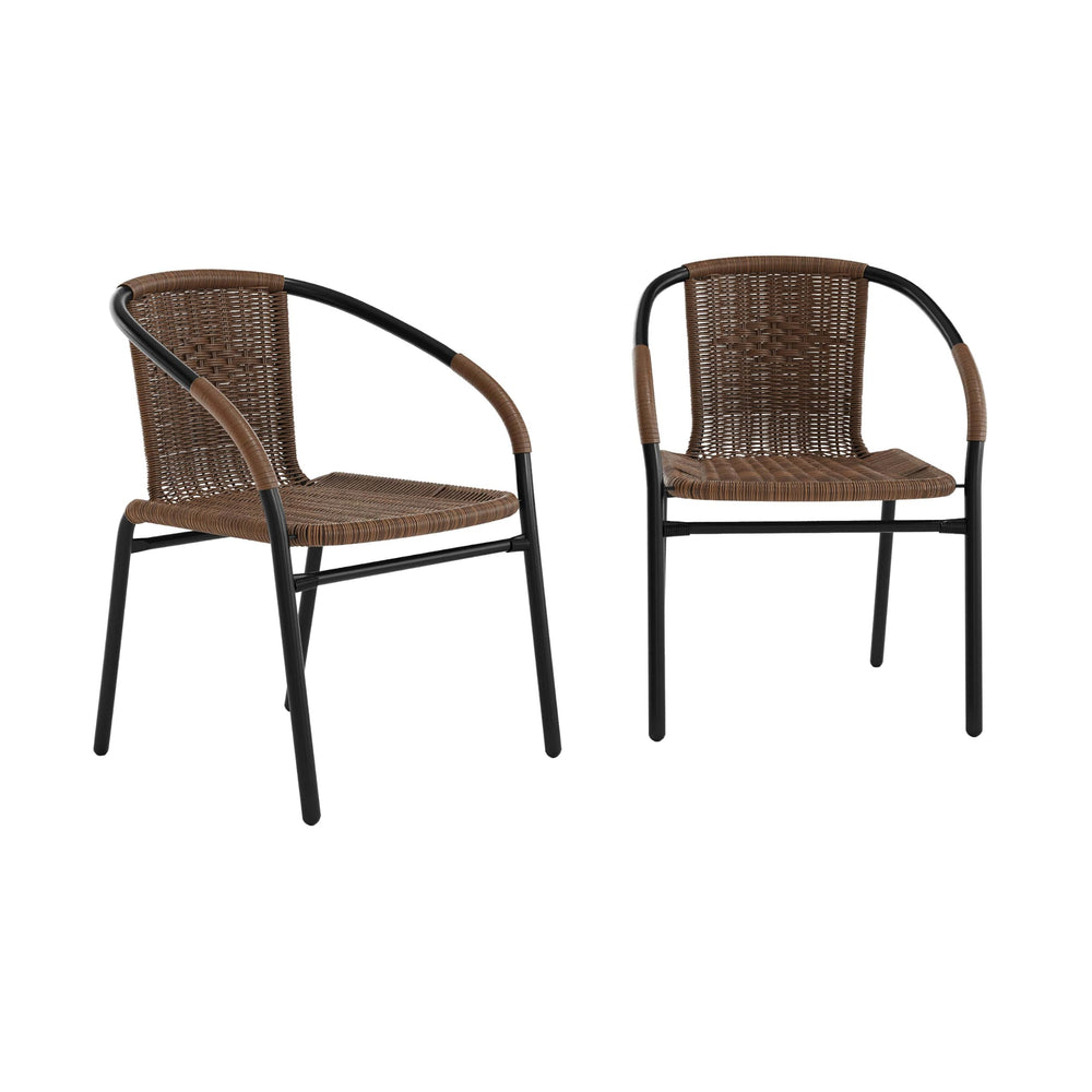 Flash Furniture front view of two brown Lila rattan chairs showing design and finish for versatile seating