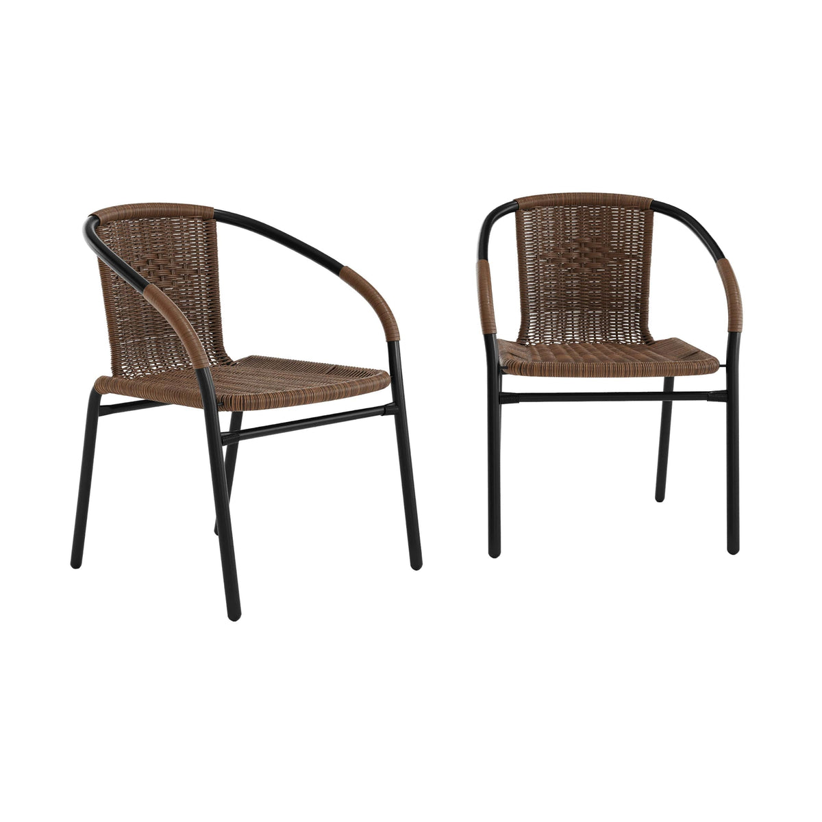 Flash Furniture front view of two brown Lila rattan chairs showing design and finish for versatile seating