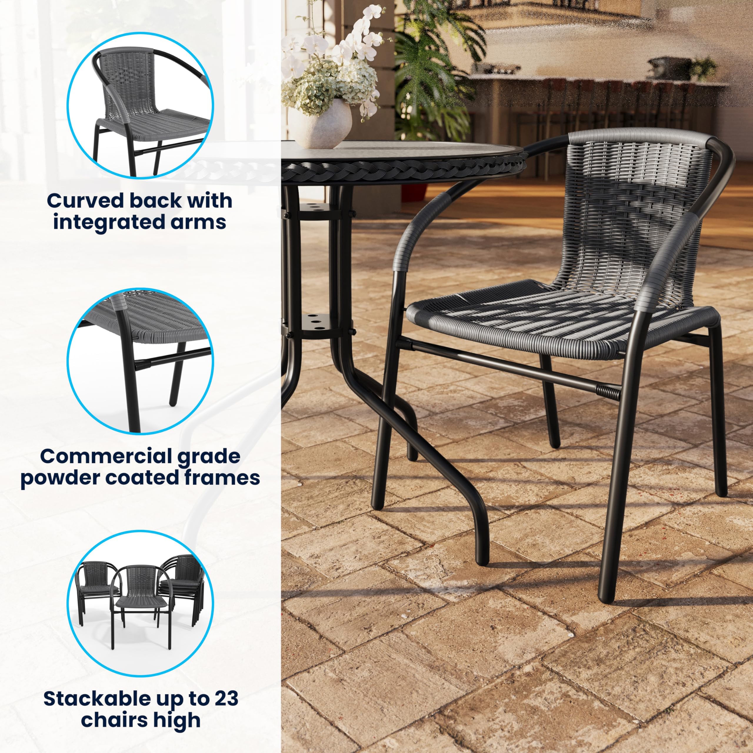 Flash Furniture chair next to patio table showing scale and coordinated dining setup