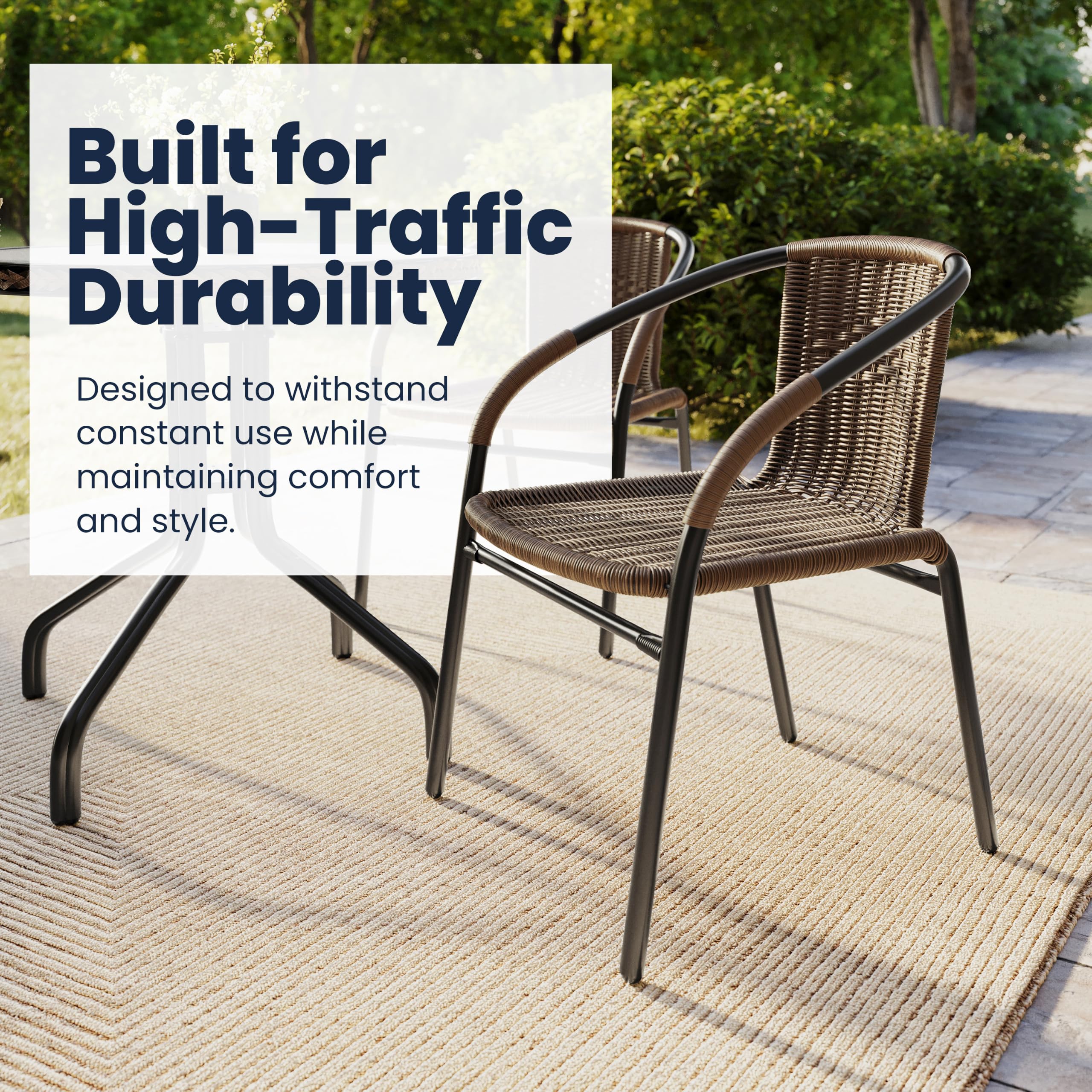Flash Furniture Lila chair next to dining table showing scale and fit for patios or bistros