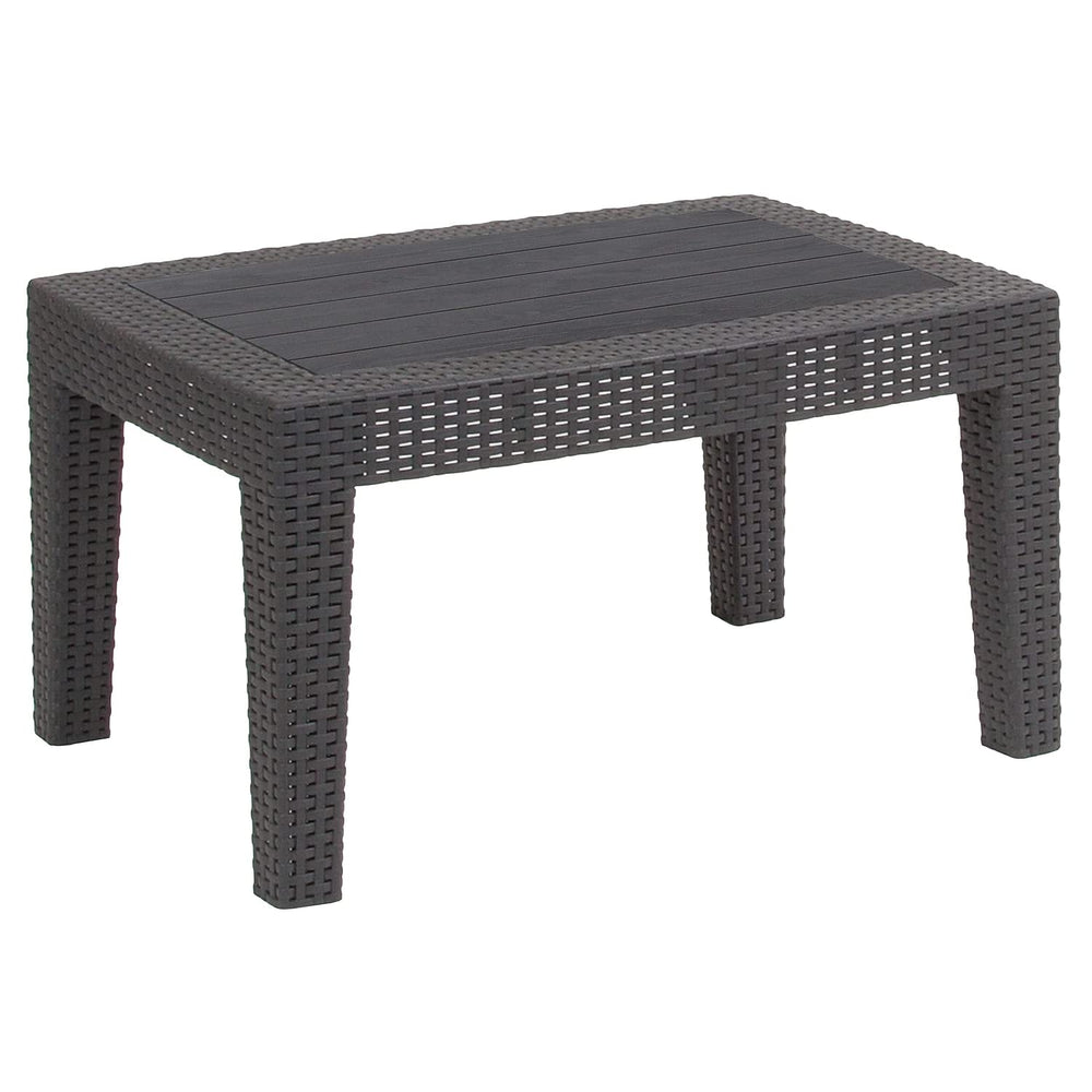 Flash Furniture Seneca coffee table front view showing sturdy dark gray faux rattan and usable surface