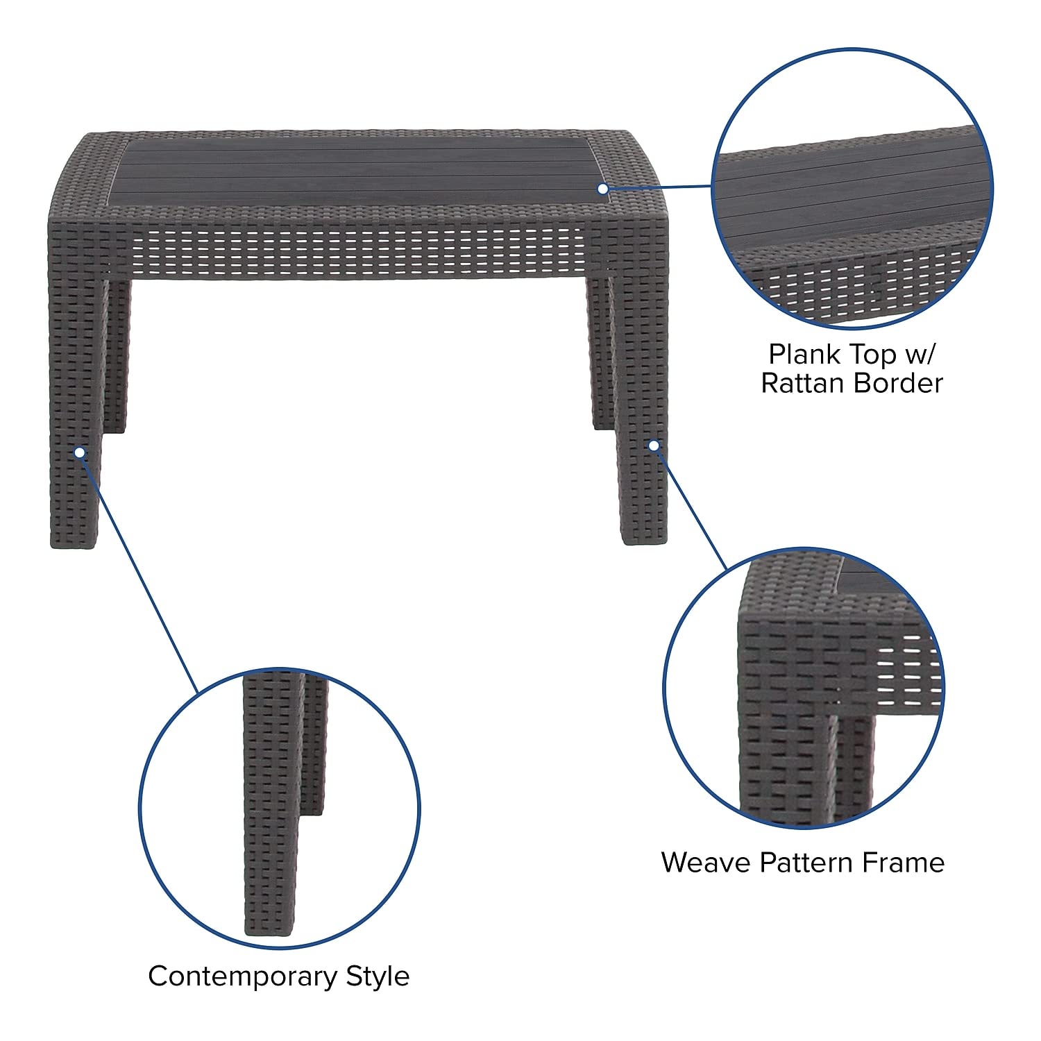 Flash Furniture Seneca woven rattan border detail showing handcrafted look without natural-fiber maintenance