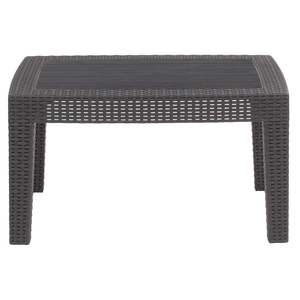 Flash Furniture Seneca next to outdoor chair showing scale and practical footprint for small decks