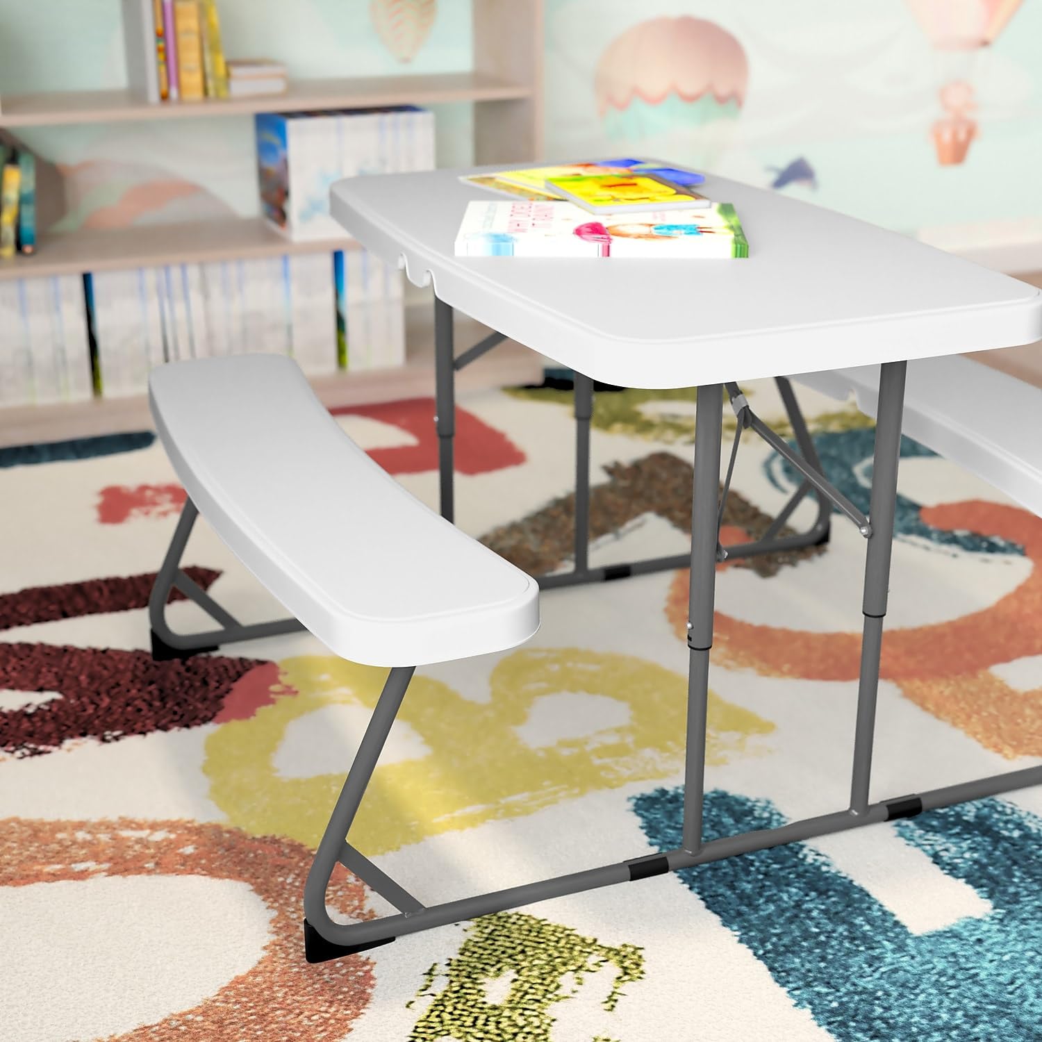 Flash Furniture size comparison with child seated to show suitable dimensions for toddlers