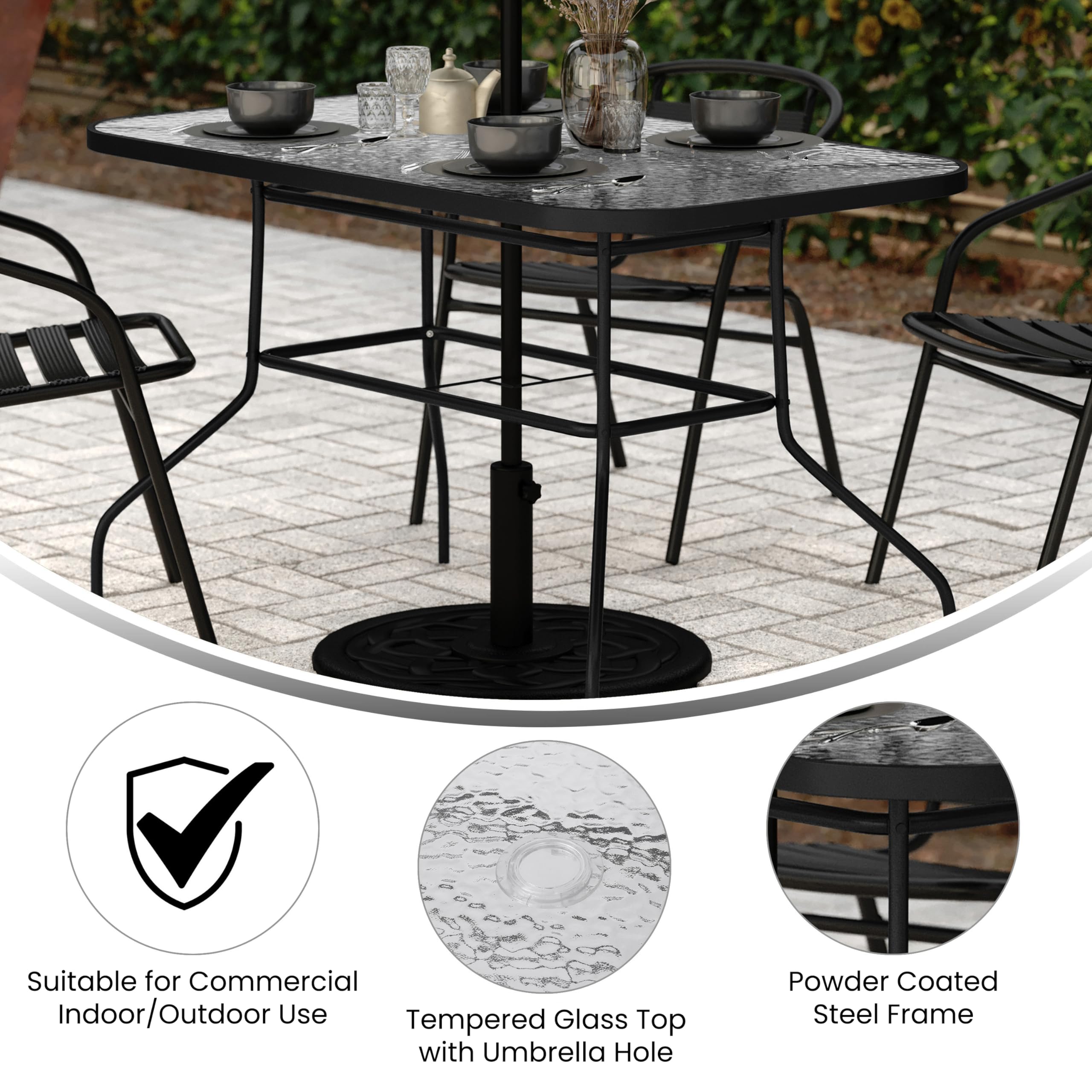 Flash Furniture umbrella hole detail centered on table showing shade-ready feature and convenience