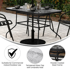 Flash Furniture umbrella hole detail centered on table showing shade-ready feature and convenience
