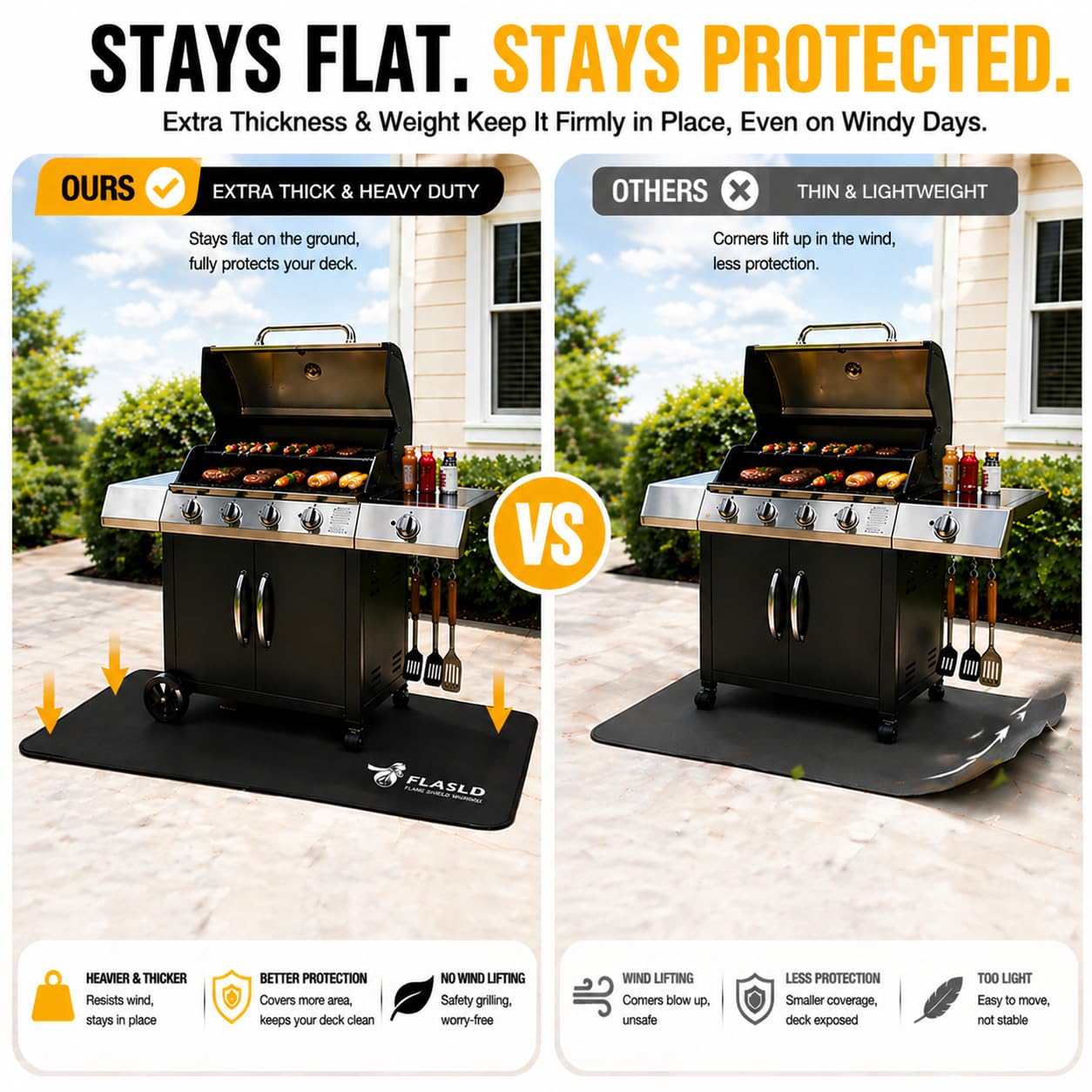 FLASLD mat placed under a charcoal grill blocking sparks and ash from deck