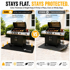 FLASLD mat placed under a charcoal grill blocking sparks and ash from deck