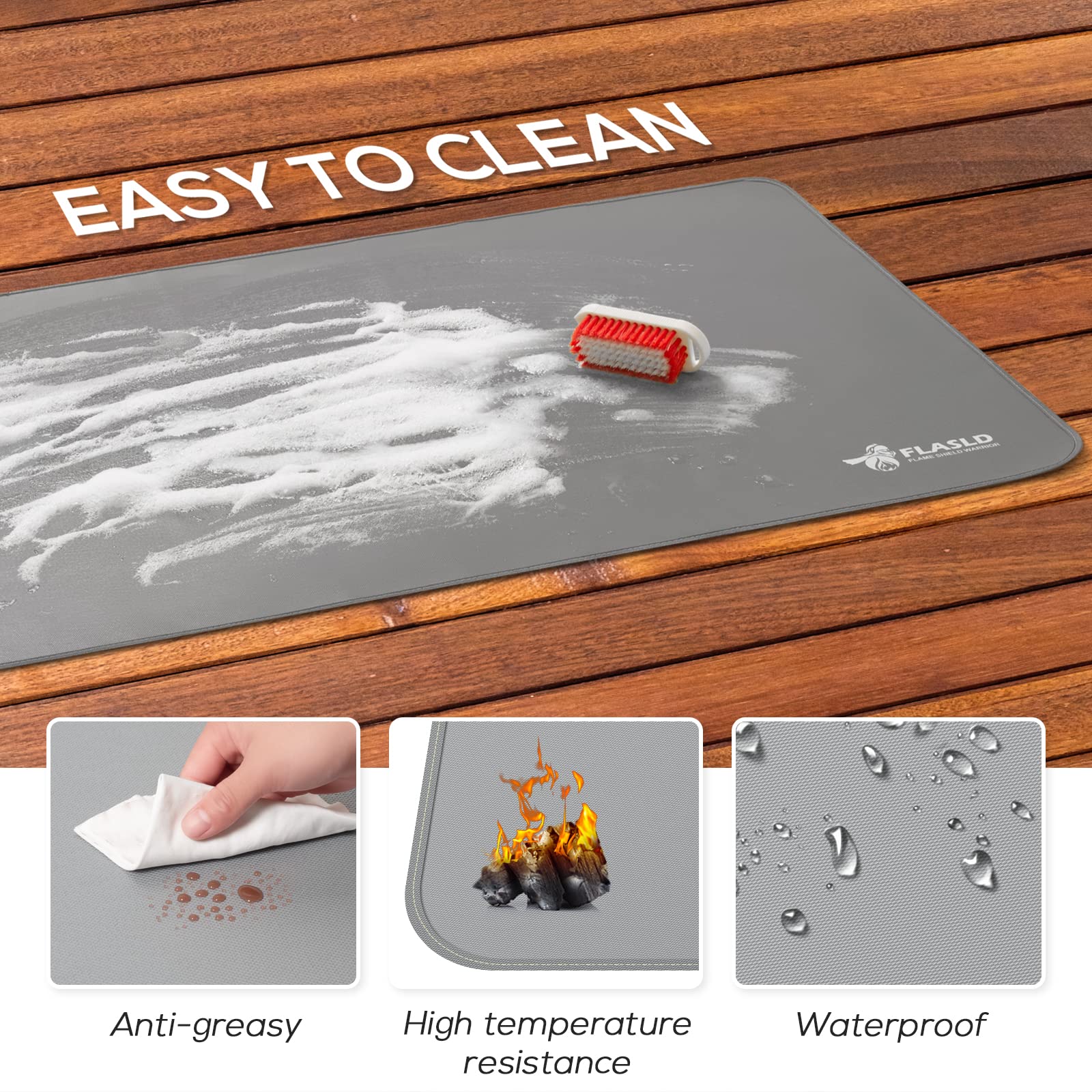 FLASLD under gas grill with a wiped-up grease spill showing easy cleanup