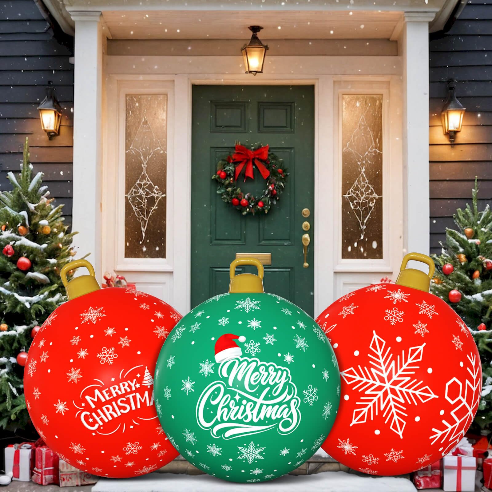 Flasoo front view of three 24-inch ornaments showing festive colors and curb appeal