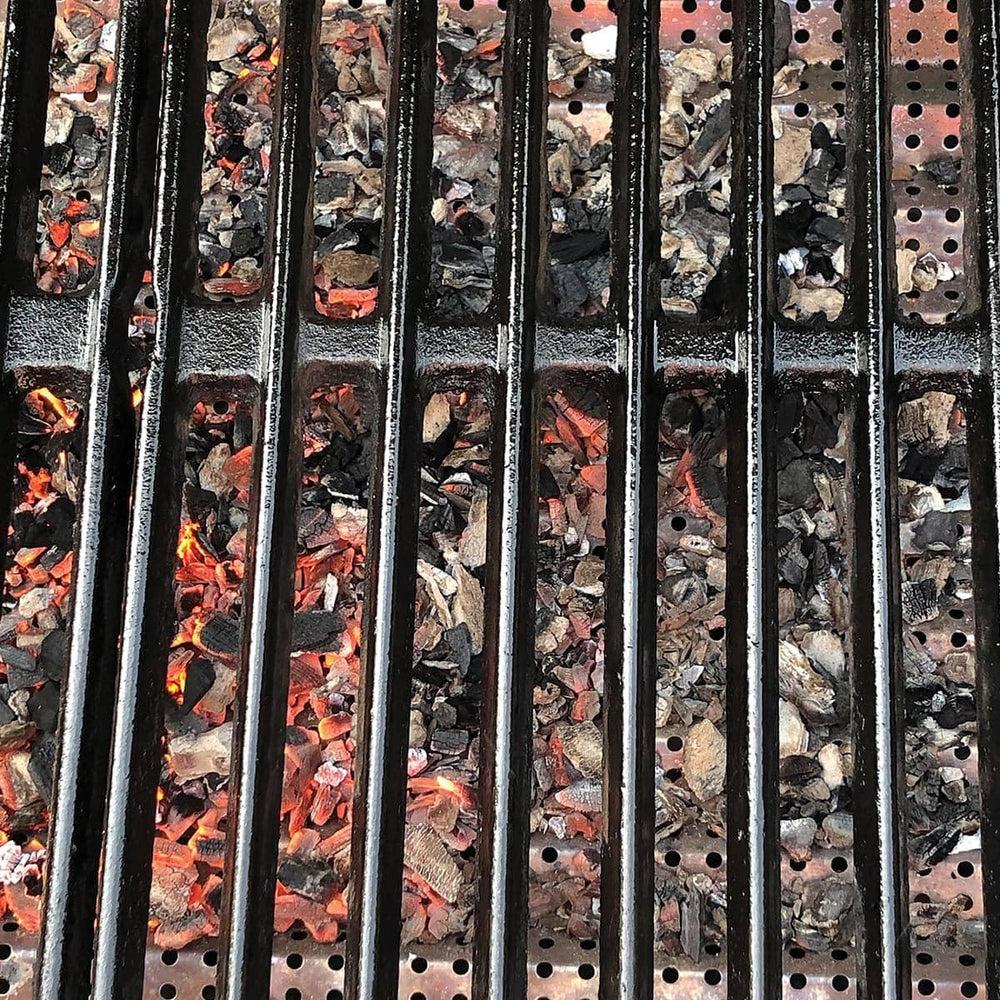 FlavrQ side profile showing edge fit inside grill for secure placement and simple removal