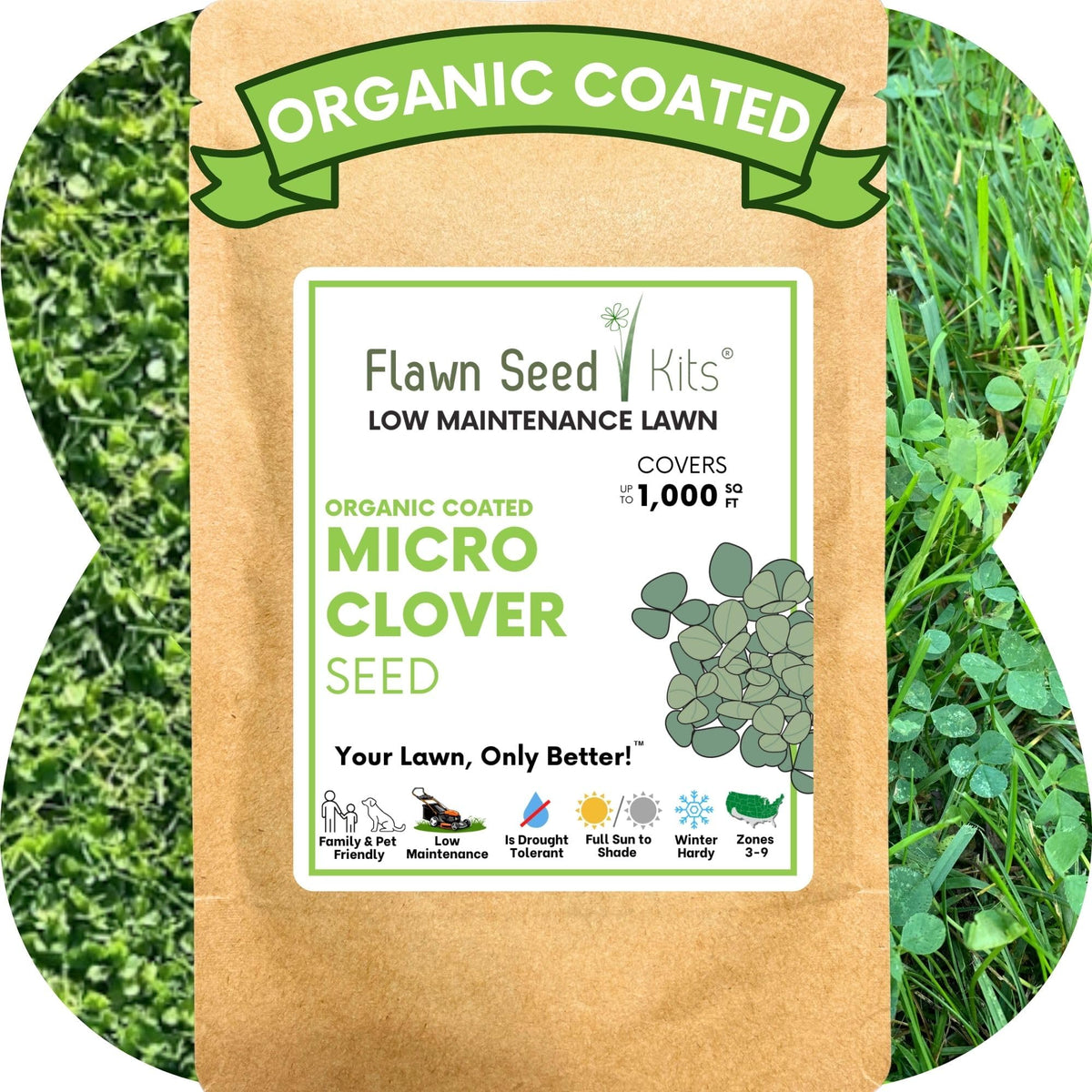 Flawn Seed Kits front packaging showcasing product and coverage benefits