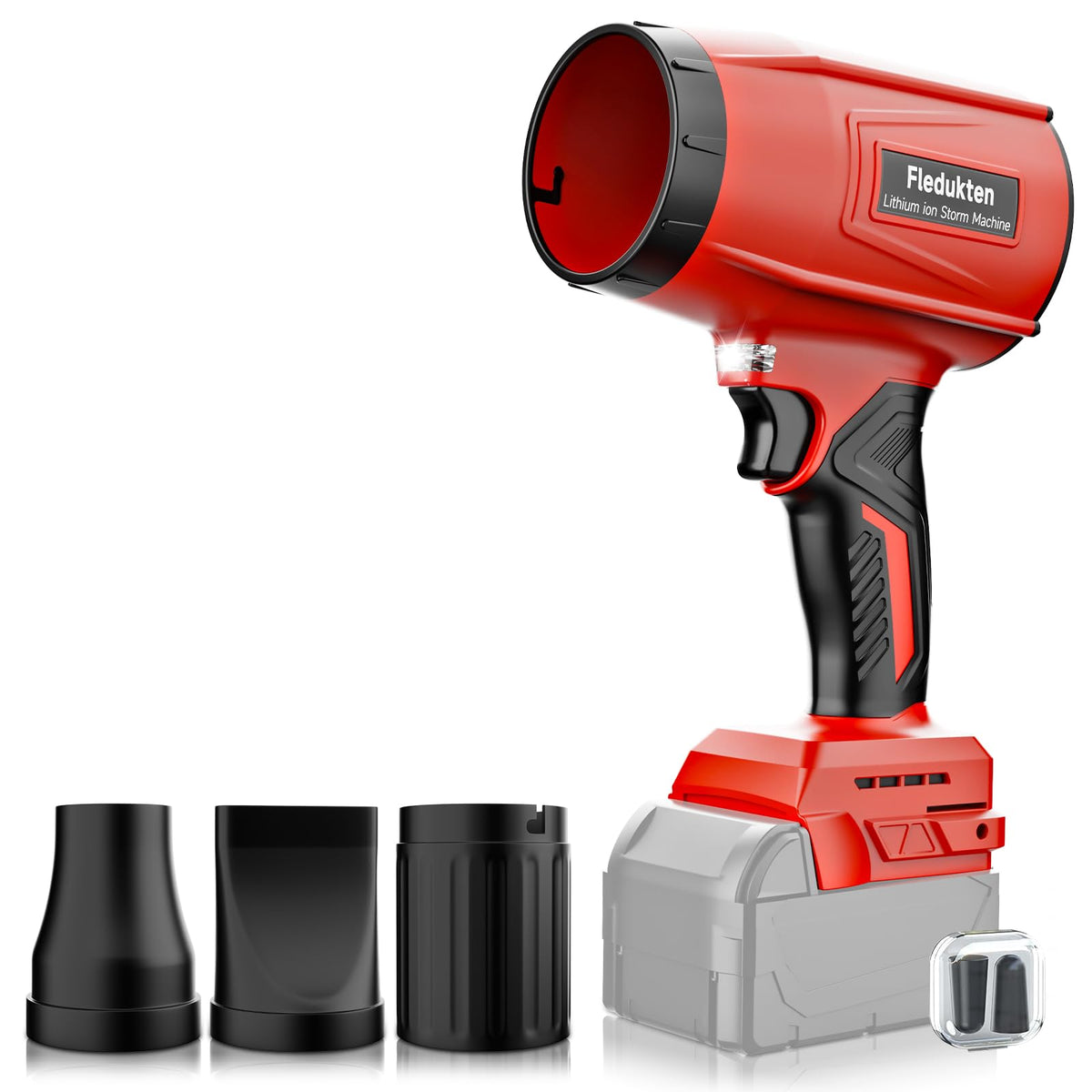 Fledukten blower front view showing compact design and easy grip benefit