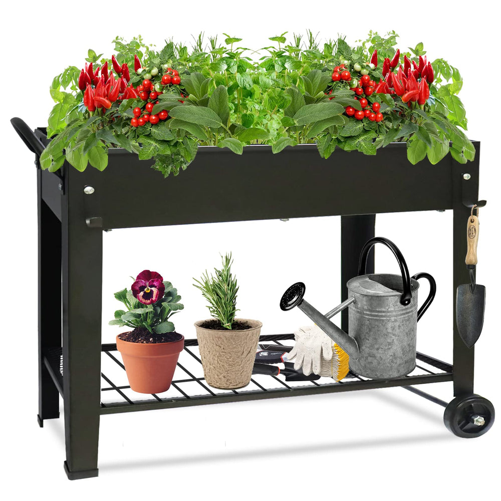 Fleecy day front view of elevated planter showing roomy planting area