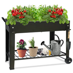 Fleecy day front view of elevated planter showing roomy planting area
