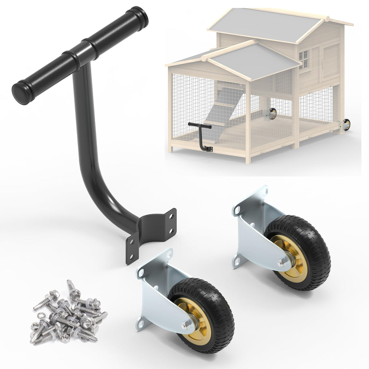 Flehomo packaged wheel kit showing two casters and handle for easy coop mobility