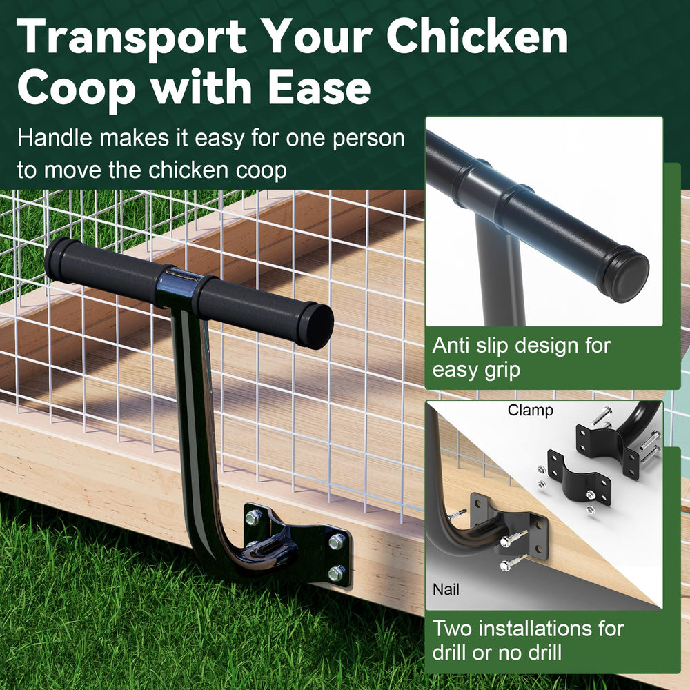 Flehomo wheels installed on a wooden chicken coop illustrating upgraded portability