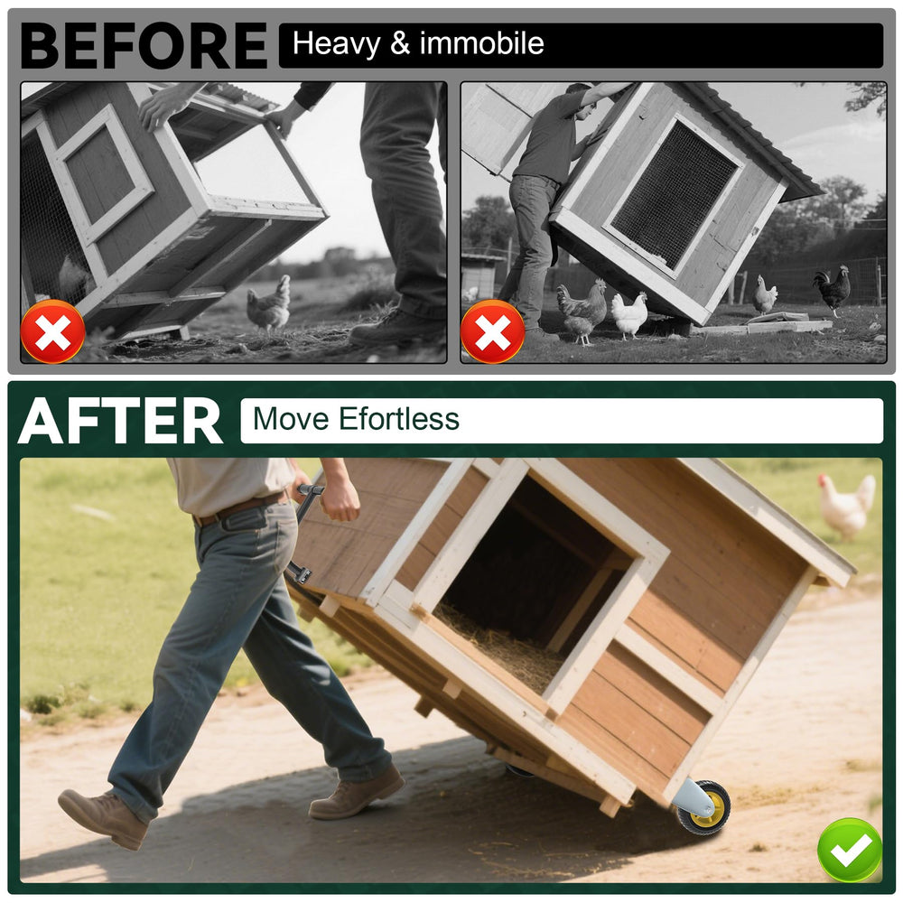 Flehomo kit in use tilting and rolling a chicken tractor for effortless relocation