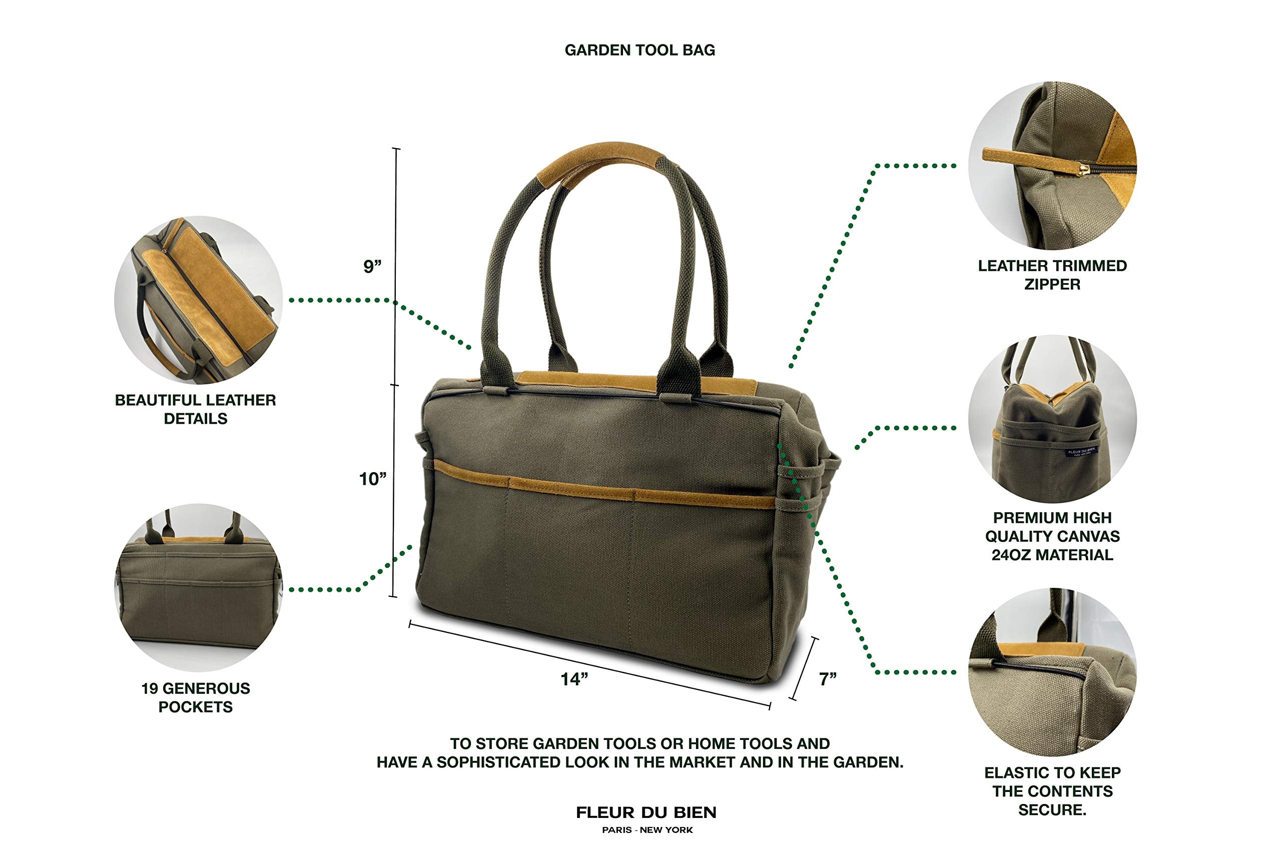 Fleur Du Bien canvas tote front pocket view with leather trim for durability