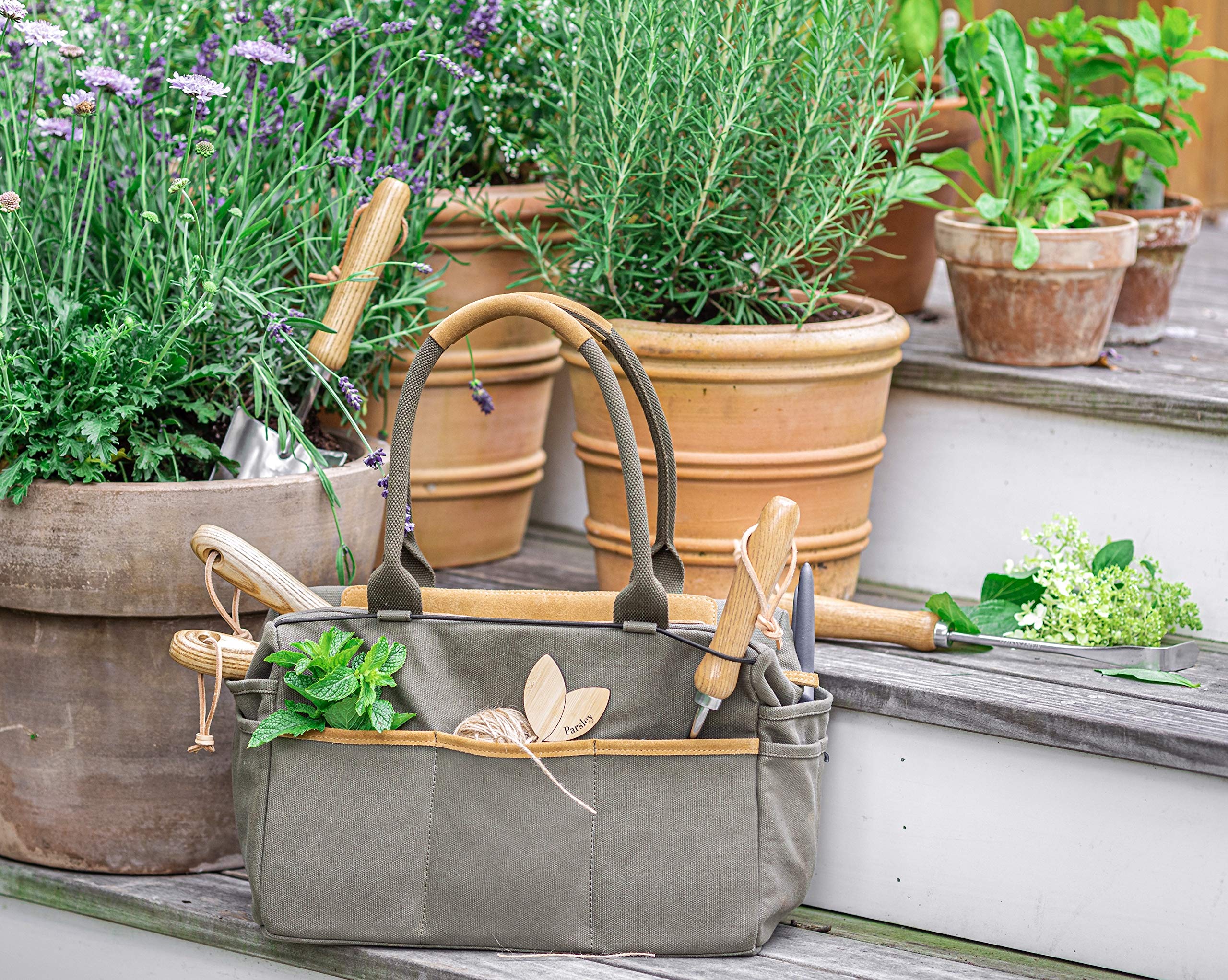 Fleur Du Bien angled tool set showing all pieces and tote, organized for easy use