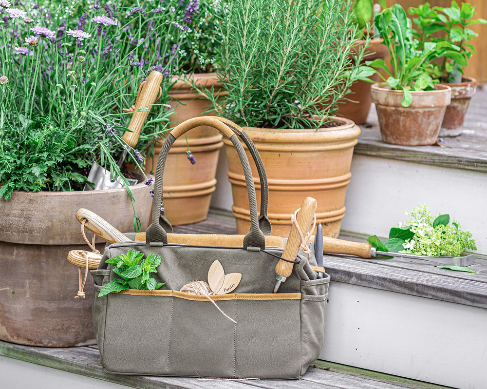 Fleur Du Bien angled tool set showing all pieces and tote, organized for easy use