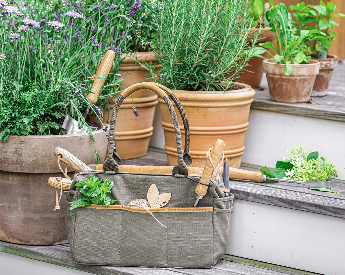 Fleur Du Bien angled tool set showing all pieces and tote, organized for easy use