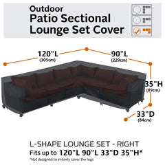 Flexiyard covered sofa in backyard, displays all-season outdoor protection benefit