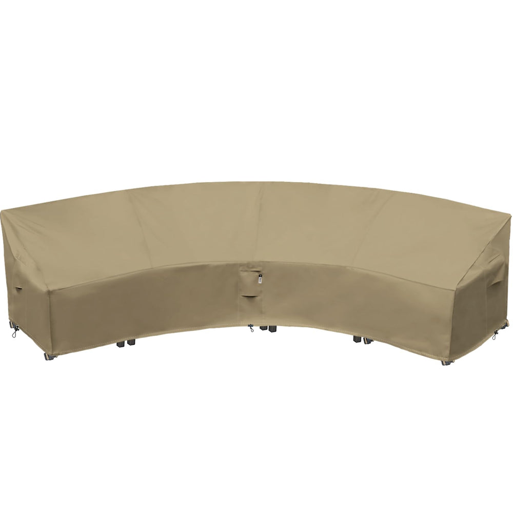 Flexiyard curved cover front view protecting sofa and preventing water damage