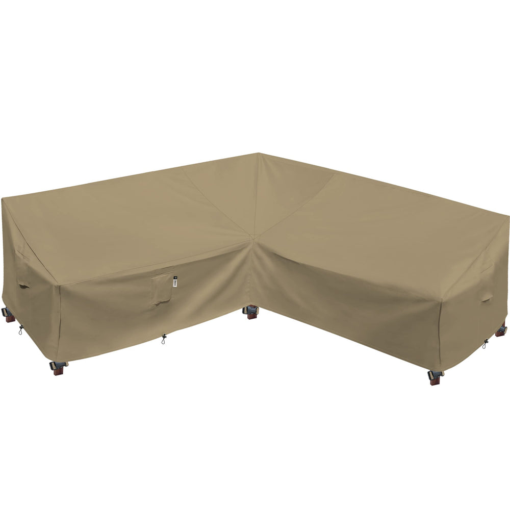 Flexiyard front view showing full coverage protecting sectional sofa