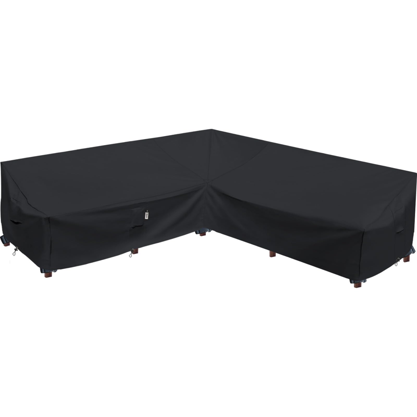 Flexiyard front view of midnight black cover protecting full sectional, durable weather protection