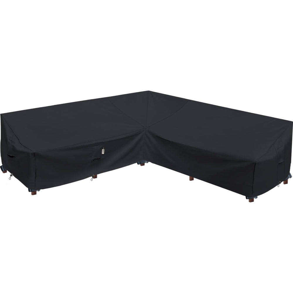 Flexiyard front view of midnight black cover protecting full sectional, durable weather protection