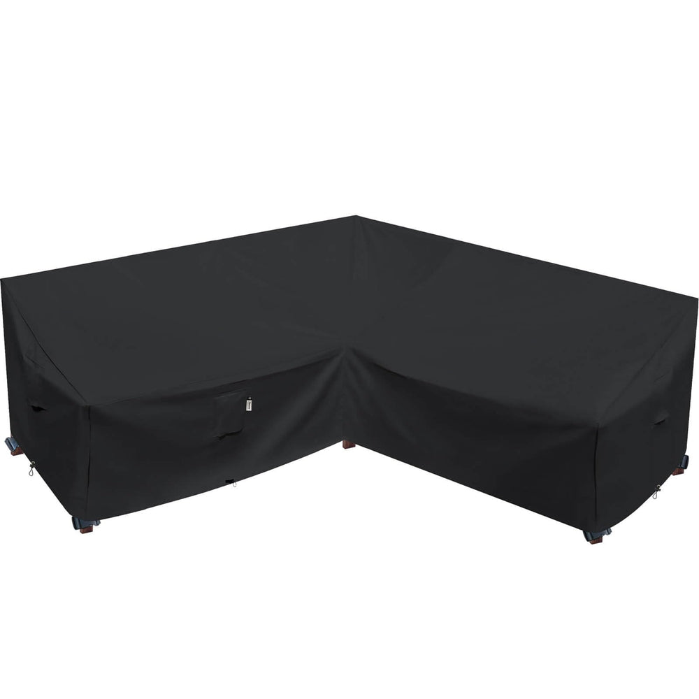 Flexiyard front view of V-shaped cover protecting patio sectional, shows full coverage benefit