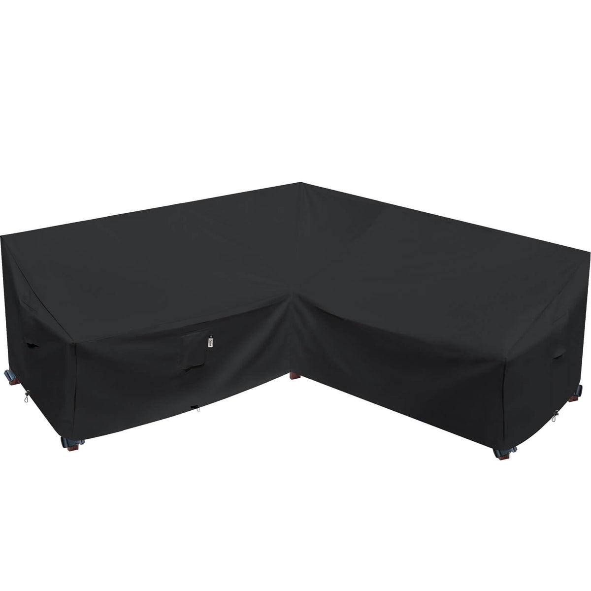 Flexiyard front view of V-shaped cover protecting patio sectional, shows full coverage benefit