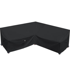 Flexiyard front view of V-shaped cover protecting patio sectional, shows full coverage benefit