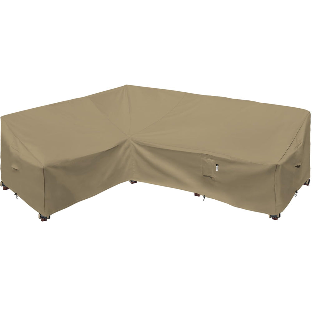 Flexiyard front view of left-facing sectional cover protecting sofa