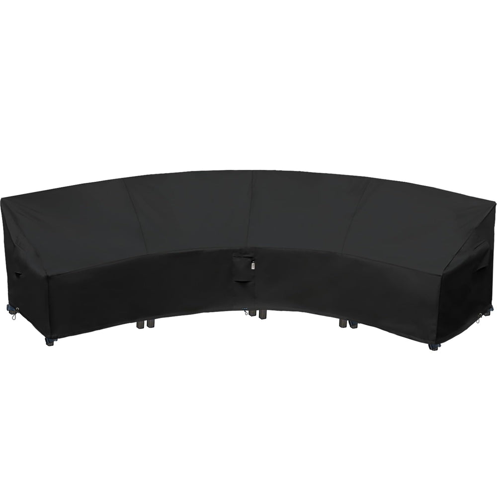 Flexiyard front view of curved cover protecting sofa, provides weather defense