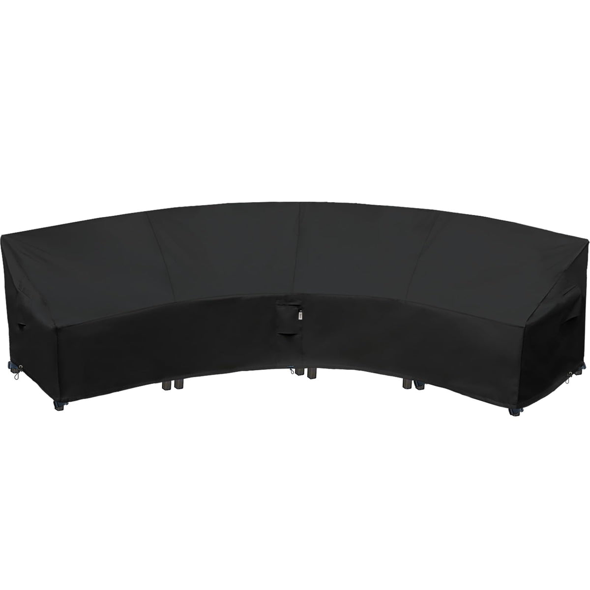 Flexiyard front view of curved cover protecting sofa, provides weather defense