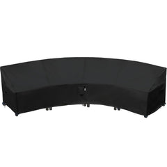 Flexiyard front view of curved cover protecting sofa, provides weather defense
