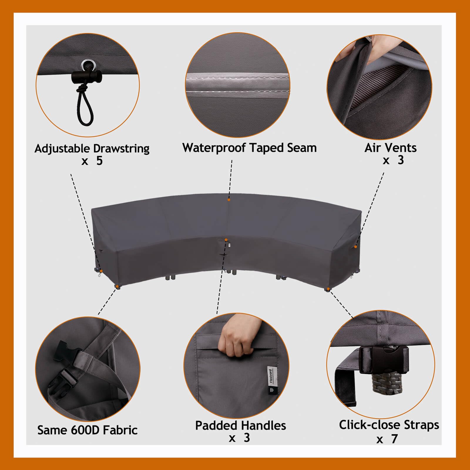 Flexiyard padded handle and V corner detail for easier fitting and removal