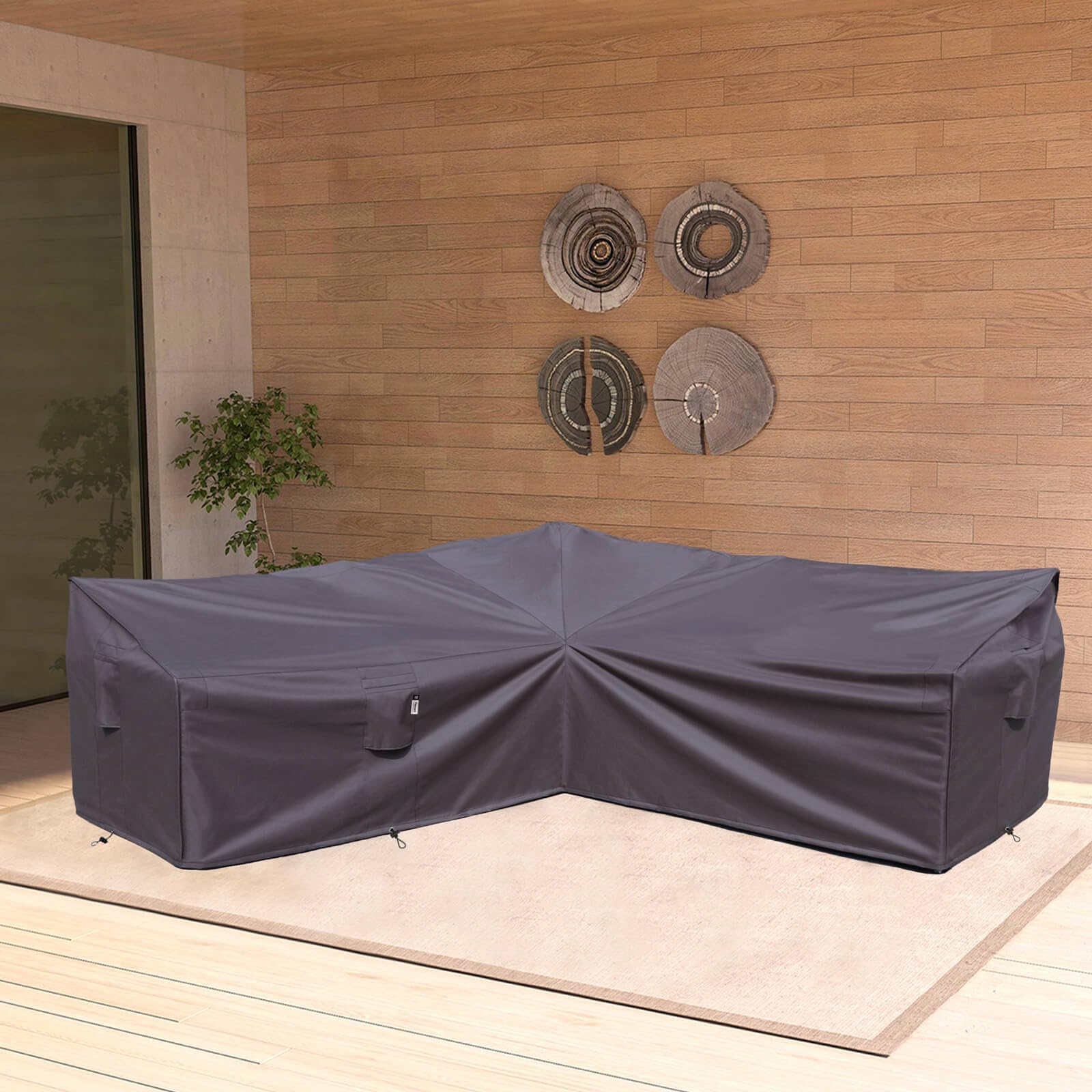 Flexiyard cover next to ruler showing 100x100 inch scale for accurate fit