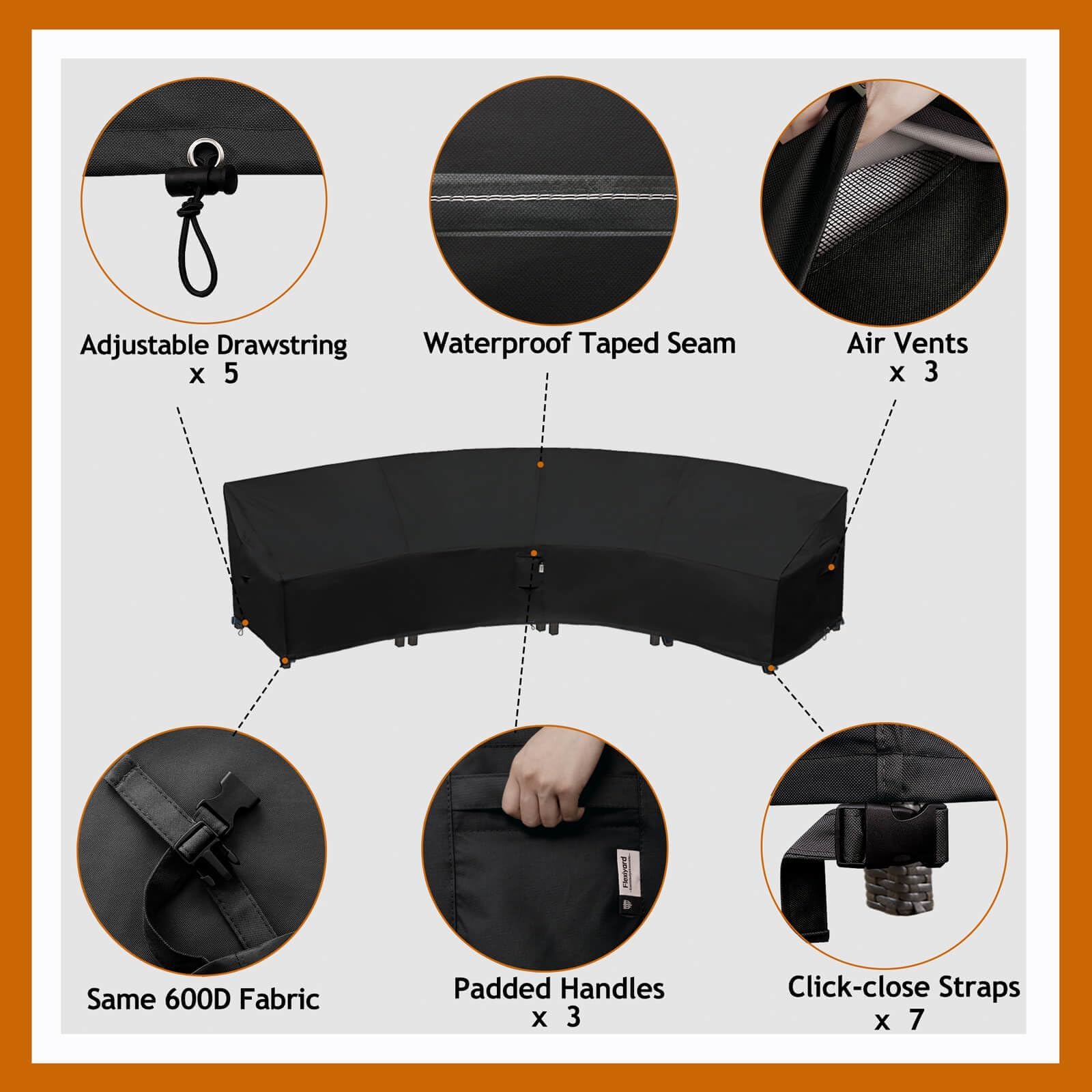 Flexiyard strap and click-close fastener securing cover, prevents wind lift