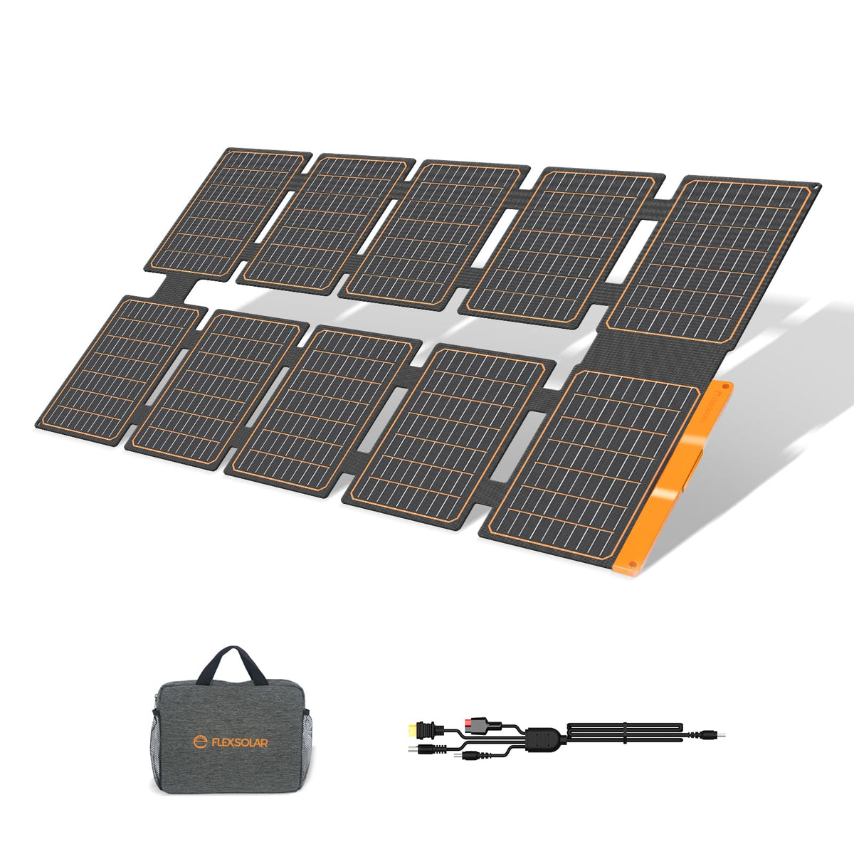 FlexSolar folded front view showing compact carry size and easy transport