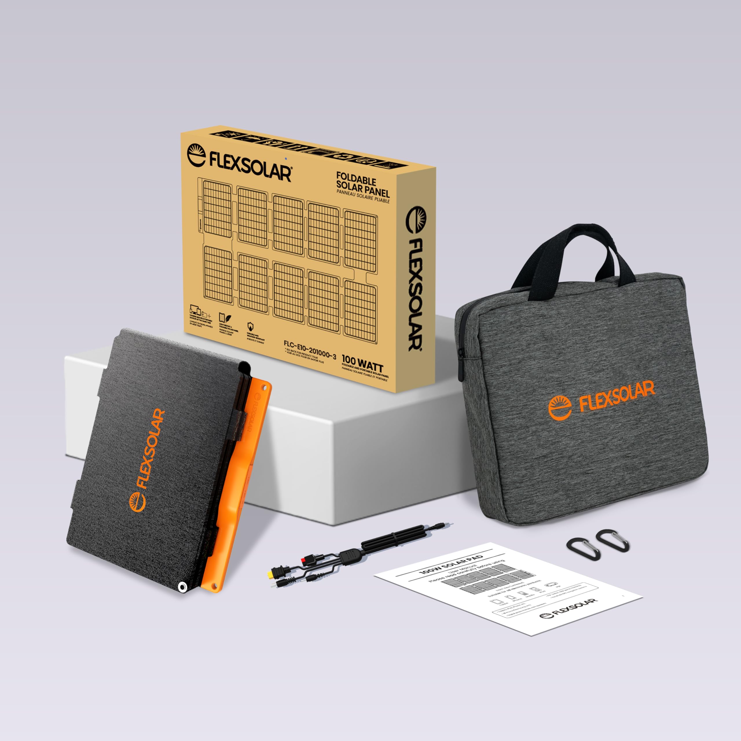 FlexSolar storage bag with accessories showing organized travel-ready kit