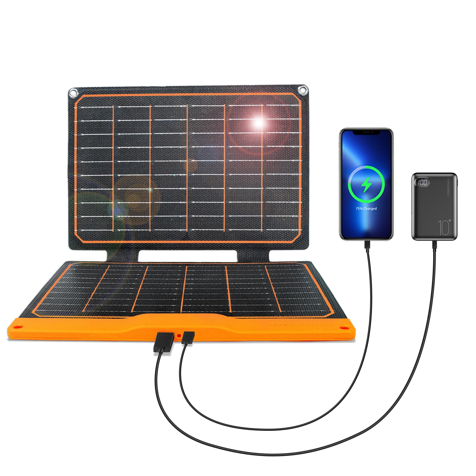 FlexSolar 20W front panel showing dual USB ports and durable finish for reliable charging