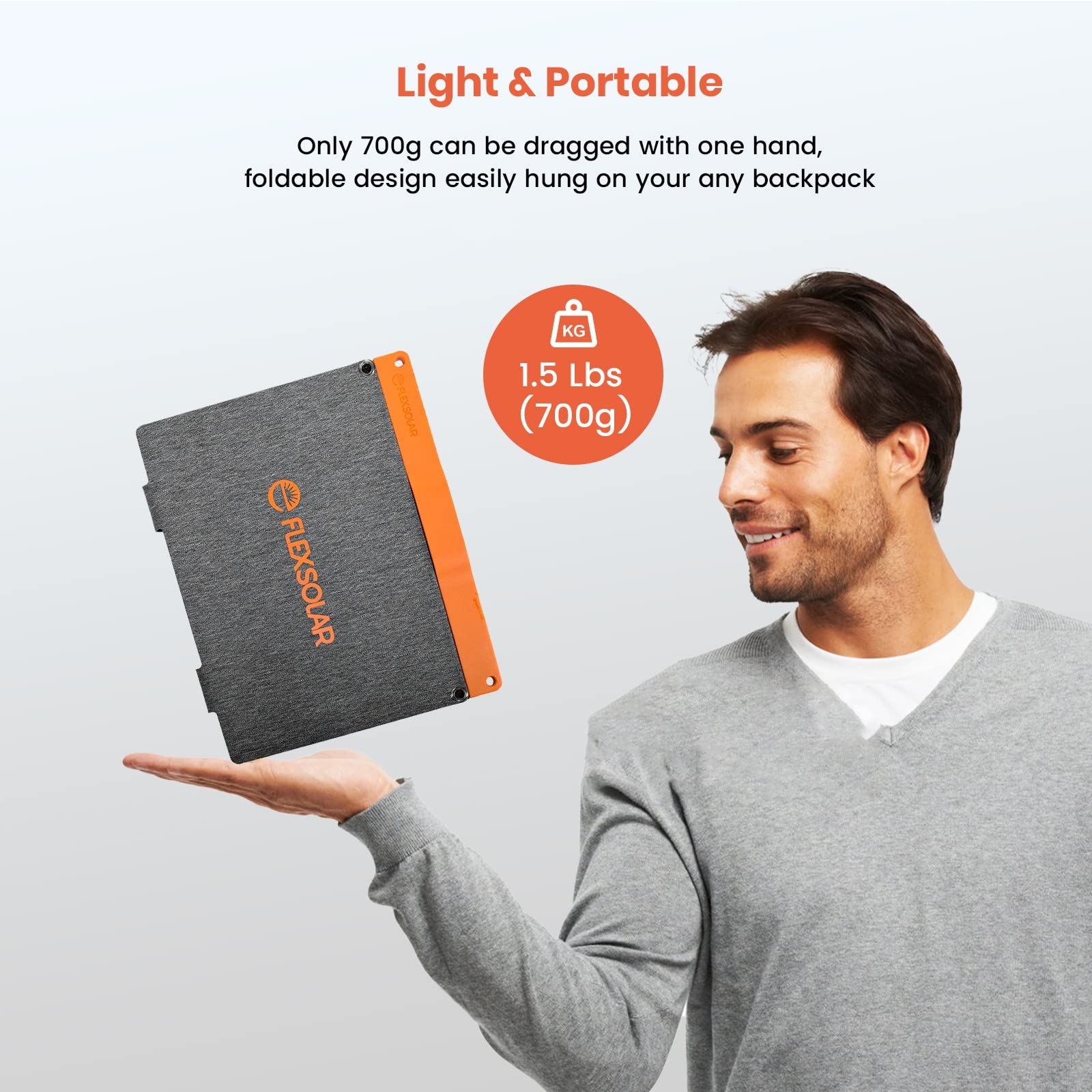 FlexSolar close-up of QC3.0 and PD 15W ports and product labeling for fast identification